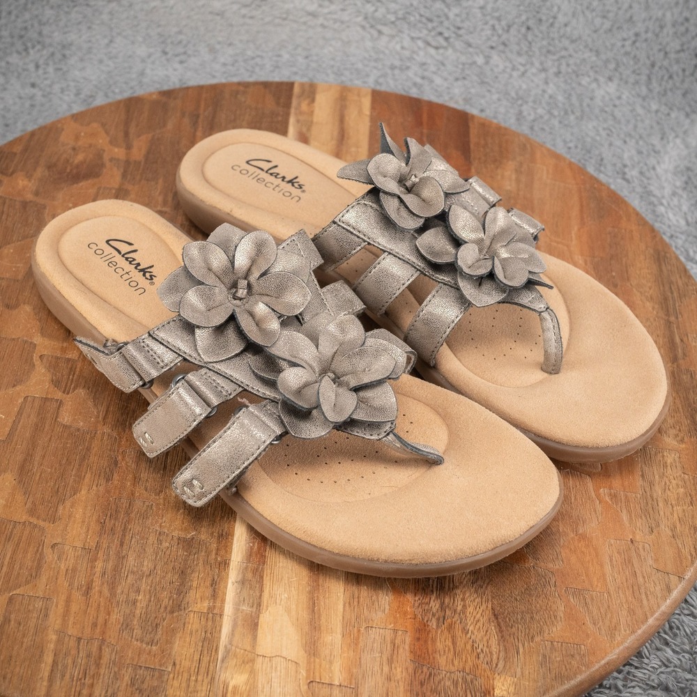 Clarke Women's Elizabelle Mae Floral‎ Silver Metallic Leather Sandals Size 8